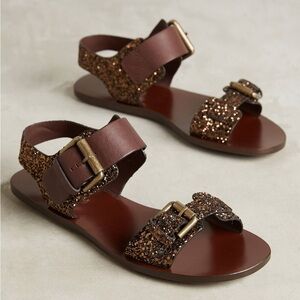 See By Chloe Brown Leather Sandals with Glitter Accents